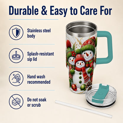 #pl[40oz|Green] Christmas Snowman Family 40oz Tumbler with Handle, Plaid Travel Cup
