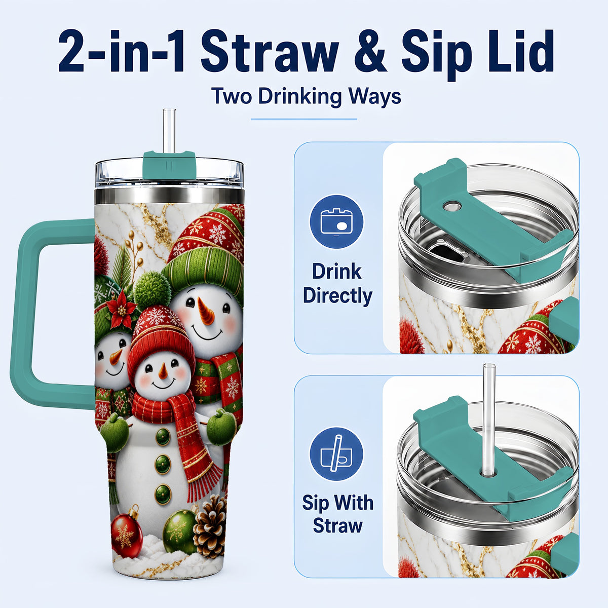#pl[40oz|Green] Christmas Snowman Family 40oz Tumbler with Handle, Plaid Travel Cup
