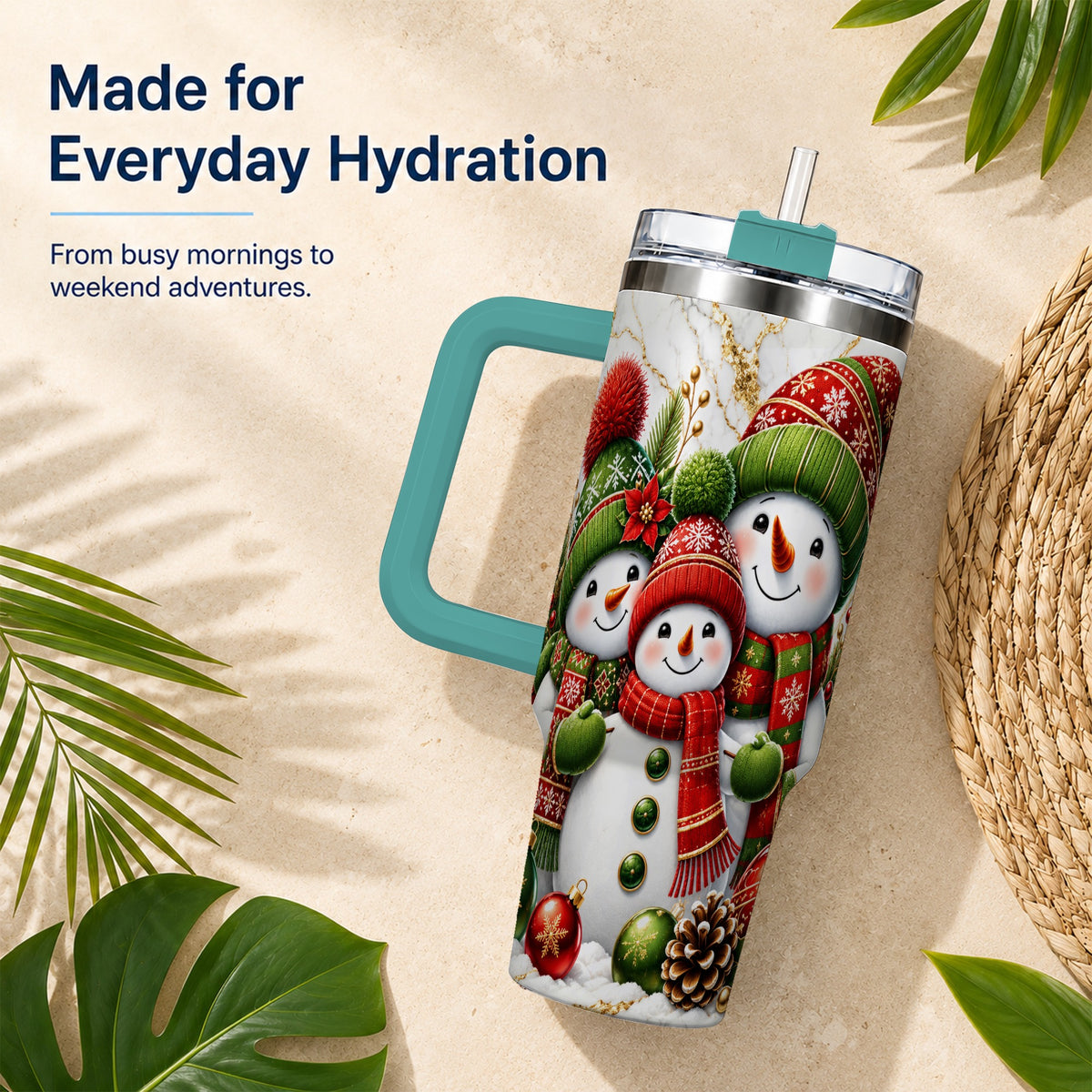 #pl[40oz|Green] Christmas Snowman Family 40oz Tumbler with Handle, Plaid Travel Cup