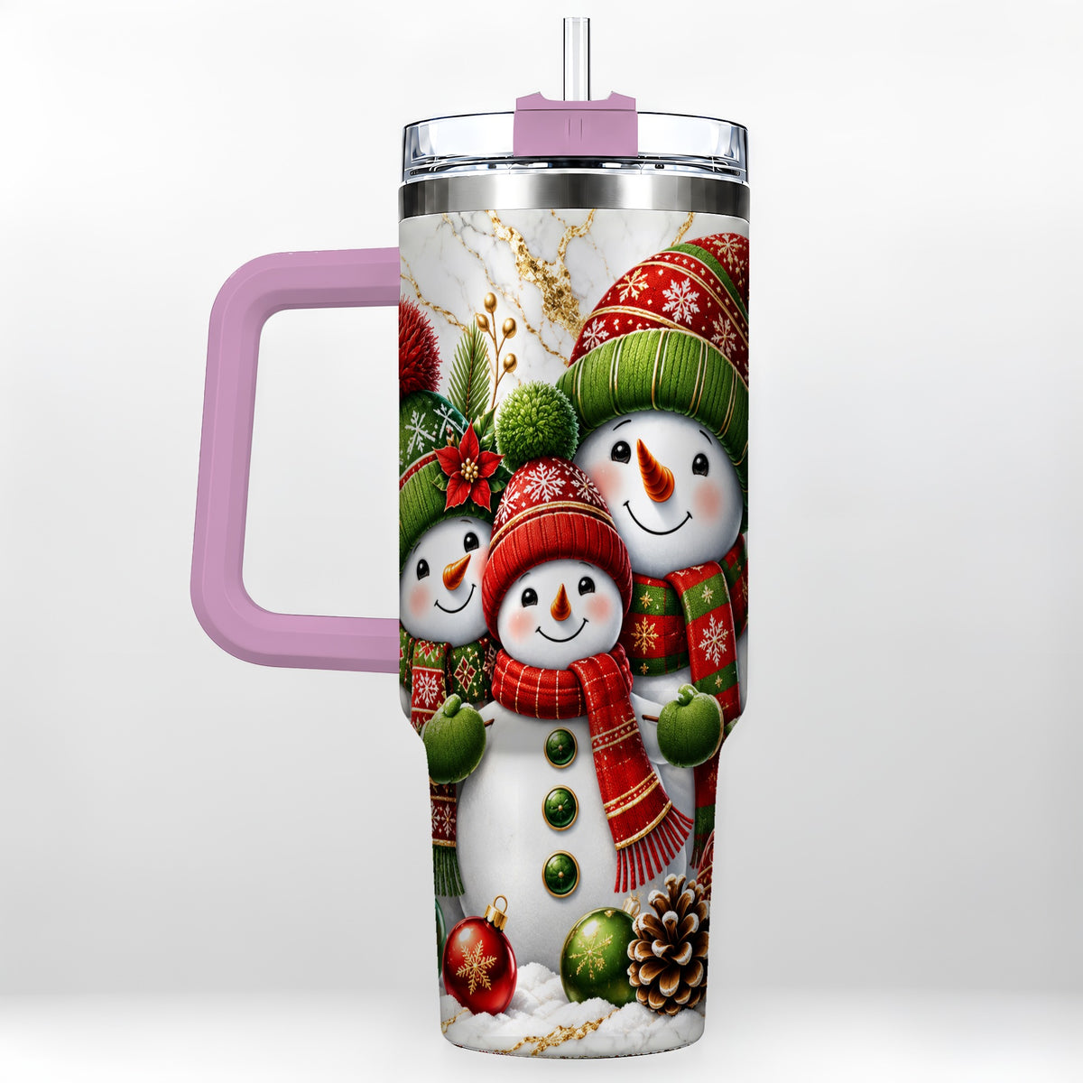 #pl[40oz|Pink] Christmas Snowman Family 40oz Tumbler with Handle, Plaid Travel Cup