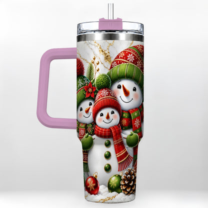 #pl[40oz|Pink] Christmas Snowman Family 40oz Tumbler with Handle, Plaid Travel Cup