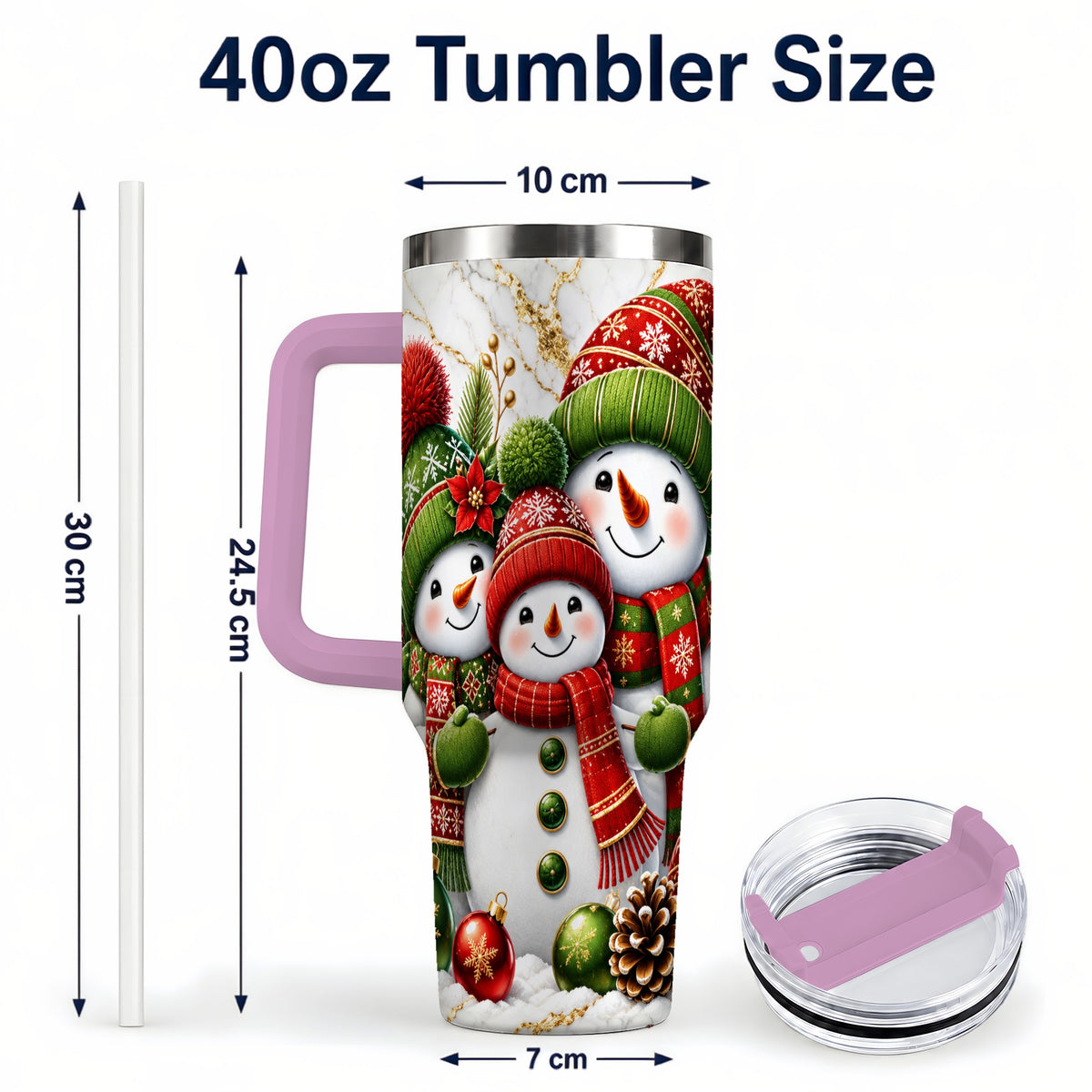 #pl[40oz|Pink] Christmas Snowman Family 40oz Tumbler with Handle, Plaid Travel Cup