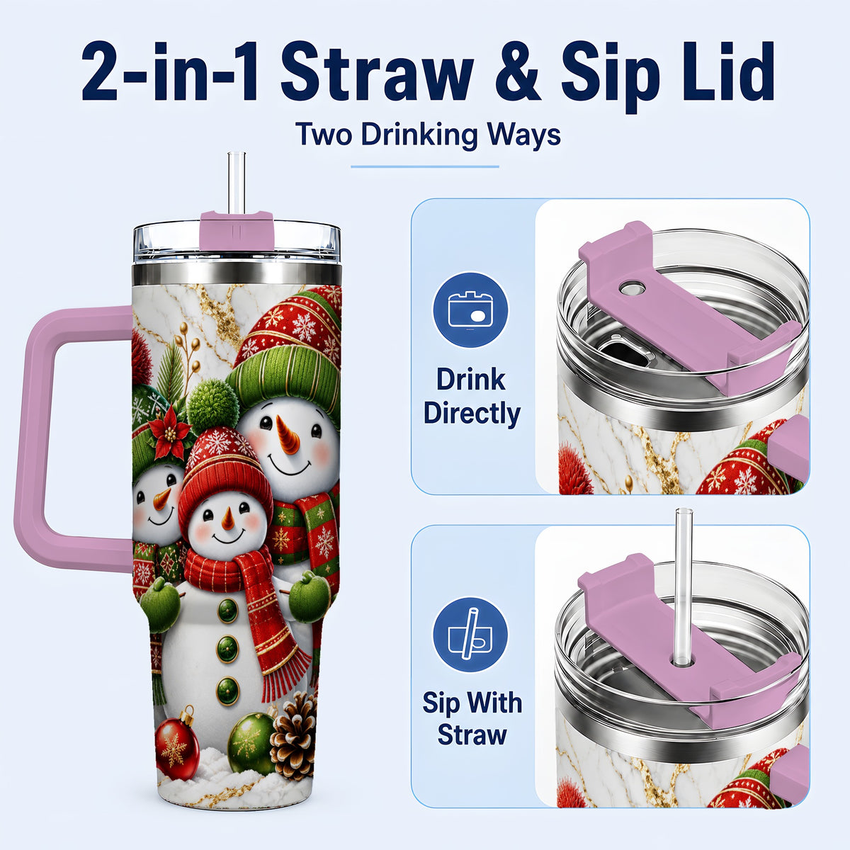 #pl[40oz|Pink] Christmas Snowman Family 40oz Tumbler with Handle, Plaid Travel Cup