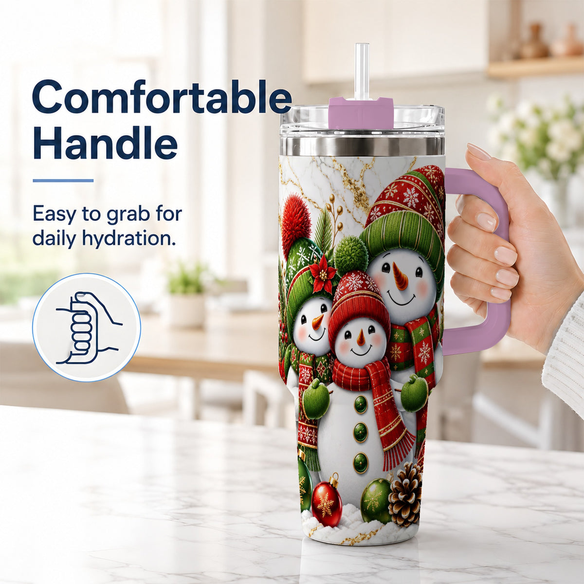 #pl[40oz|Pink] Christmas Snowman Family 40oz Tumbler with Handle, Plaid Travel Cup