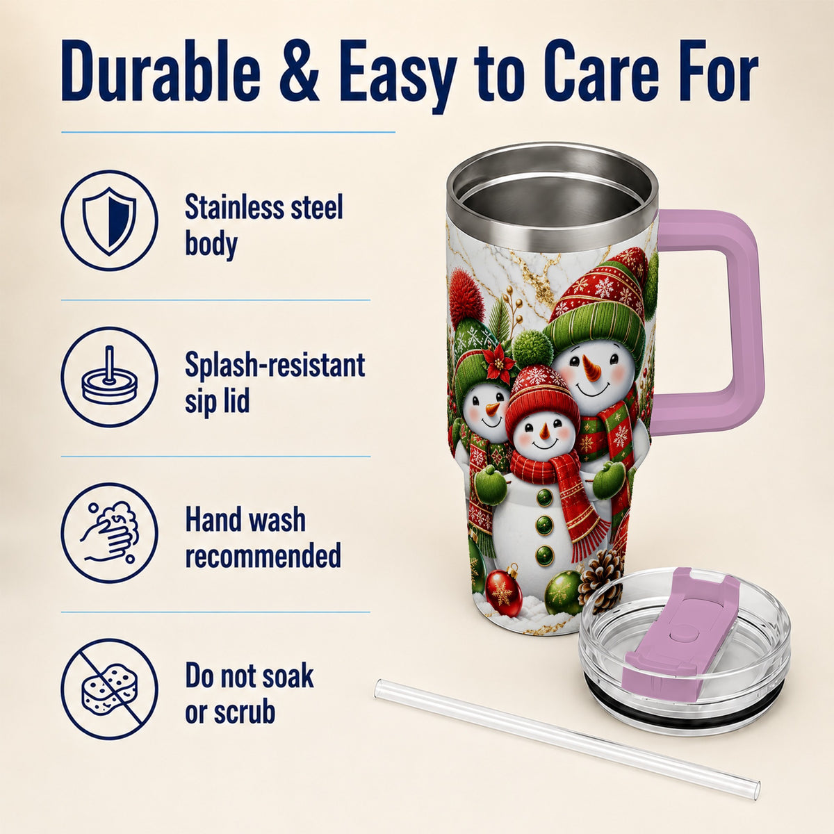#pl[40oz|Pink] Christmas Snowman Family 40oz Tumbler with Handle, Plaid Travel Cup