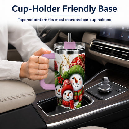 #pl[40oz|Pink] Christmas Snowman Family 40oz Tumbler with Handle, Plaid Travel Cup