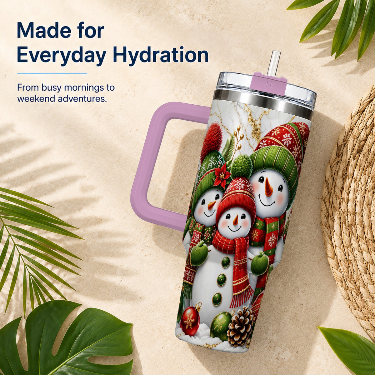 #pl[40oz|Pink] Christmas Snowman Family 40oz Tumbler with Handle, Plaid Travel Cup