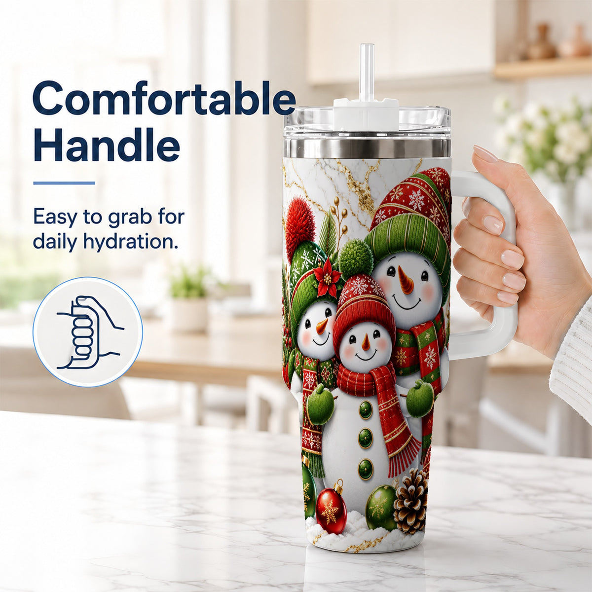 #pl[40oz|White] Christmas Snowman Family 40oz Tumbler with Handle, Plaid Travel Cup