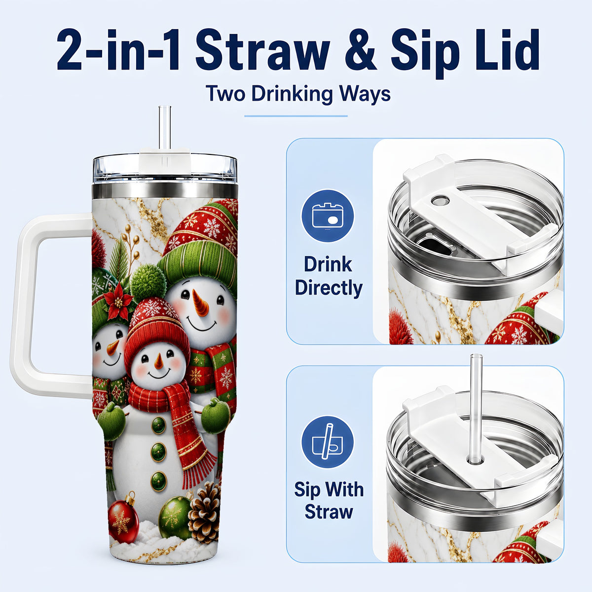 #pl[40oz|White] Christmas Snowman Family 40oz Tumbler with Handle, Plaid Travel Cup