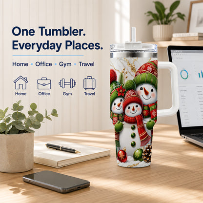 #pl[40oz|White] Christmas Snowman Family 40oz Tumbler with Handle, Plaid Travel Cup