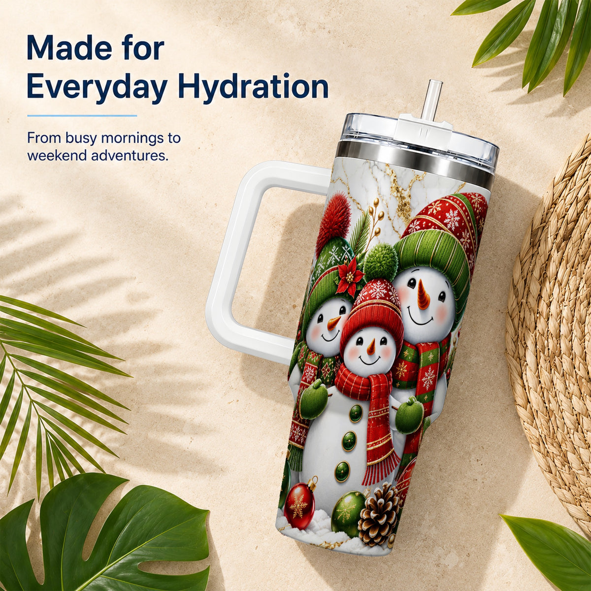 #pl[40oz|White] Christmas Snowman Family 40oz Tumbler with Handle, Plaid Travel Cup