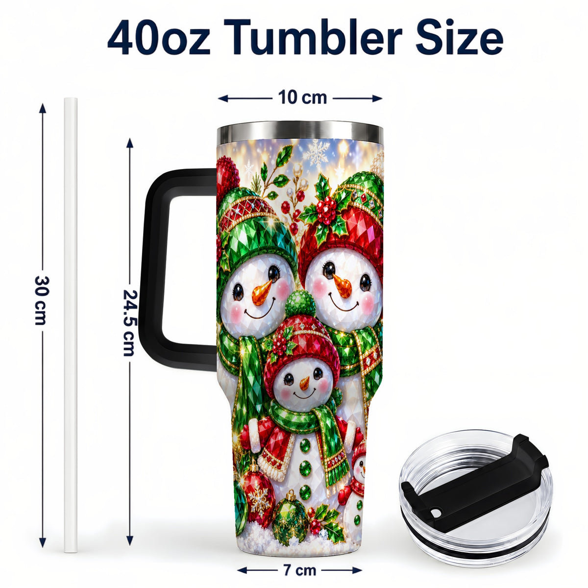 #pl[40oz|Black] Jeweled Snowman Family 40oz Tumbler with Handle, Christmas Travel Cup