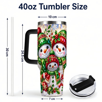 #pl[40oz|Black] Jeweled Snowman Family 40oz Tumbler with Handle, Christmas Travel Cup