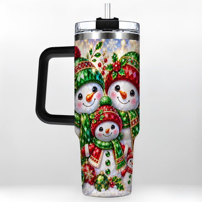 #pl[40oz|Black] Jeweled Snowman Family 40oz Tumbler with Handle, Christmas Travel Cup