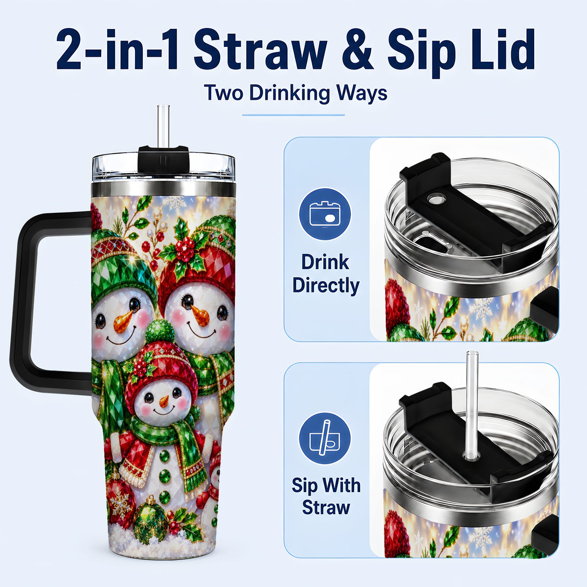 #pl[40oz|Black] Jeweled Snowman Family 40oz Tumbler with Handle, Christmas Travel Cup