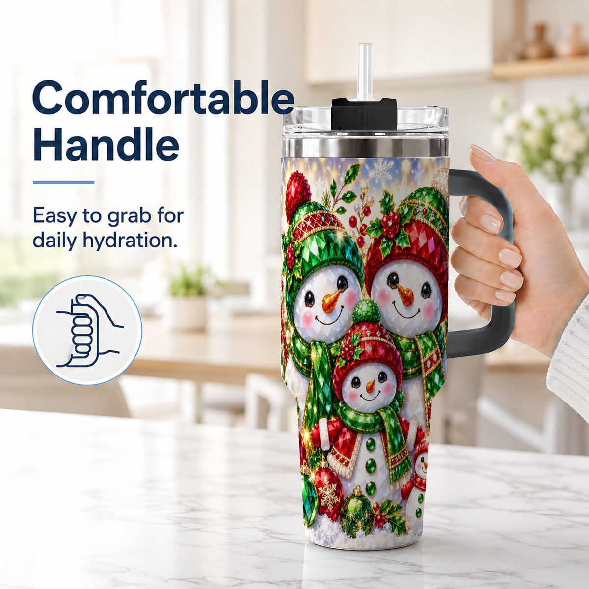 #pl[40oz|Black] Jeweled Snowman Family 40oz Tumbler with Handle, Christmas Travel Cup