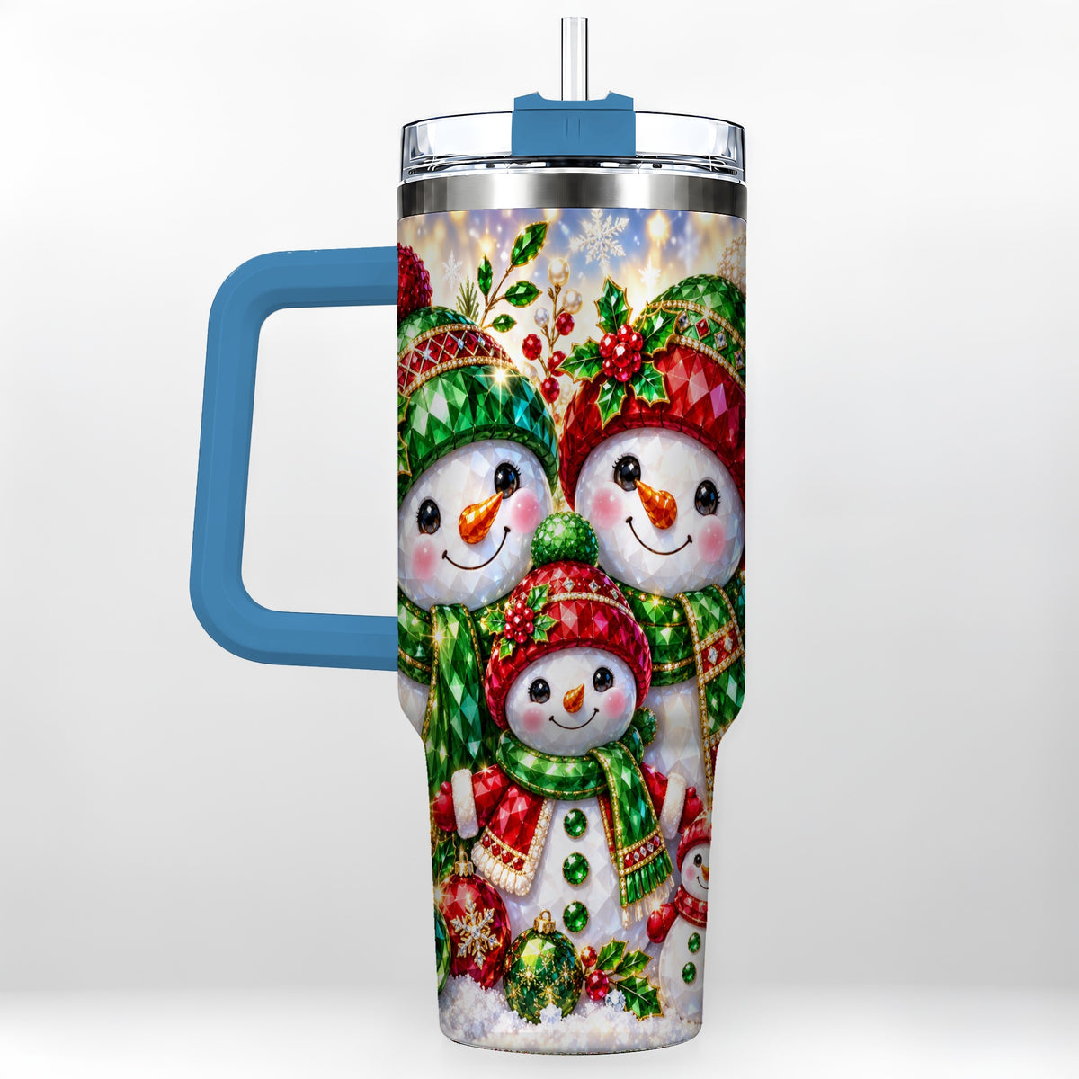 #pl[40oz|Blue] Jeweled Snowman Family 40oz Tumbler with Handle, Christmas Travel Cup