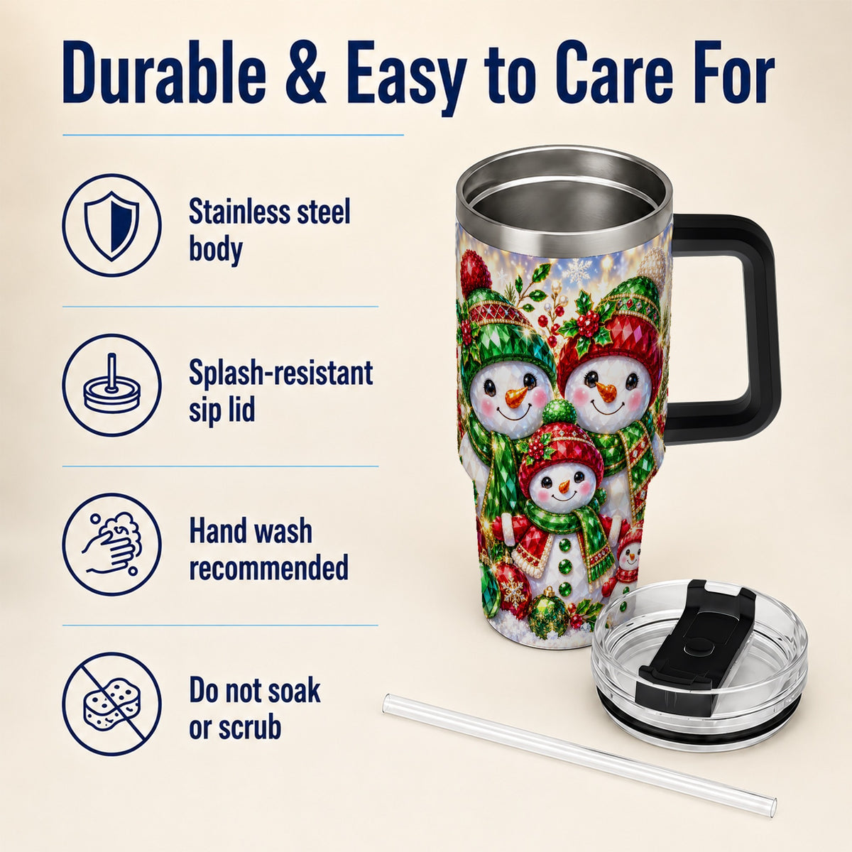 #pl[40oz|Black] Jeweled Snowman Family 40oz Tumbler with Handle, Christmas Travel Cup