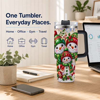 #pl[40oz|Black] Jeweled Snowman Family 40oz Tumbler with Handle, Christmas Travel Cup