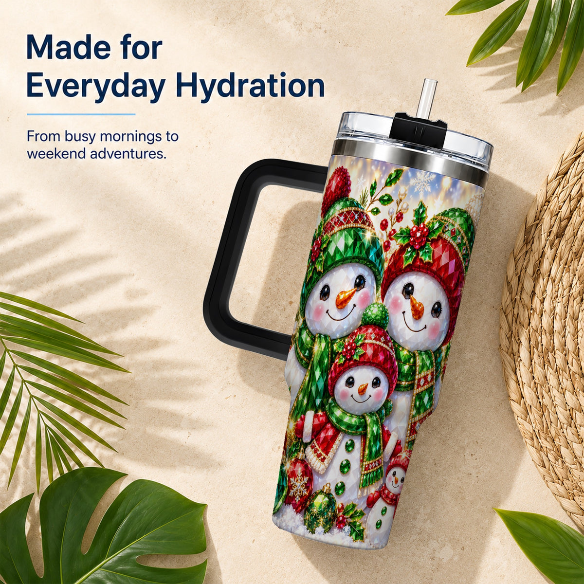 #pl[40oz|Black] Jeweled Snowman Family 40oz Tumbler with Handle, Christmas Travel Cup