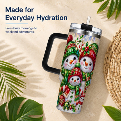 #pl[40oz|Black] Jeweled Snowman Family 40oz Tumbler with Handle, Christmas Travel Cup