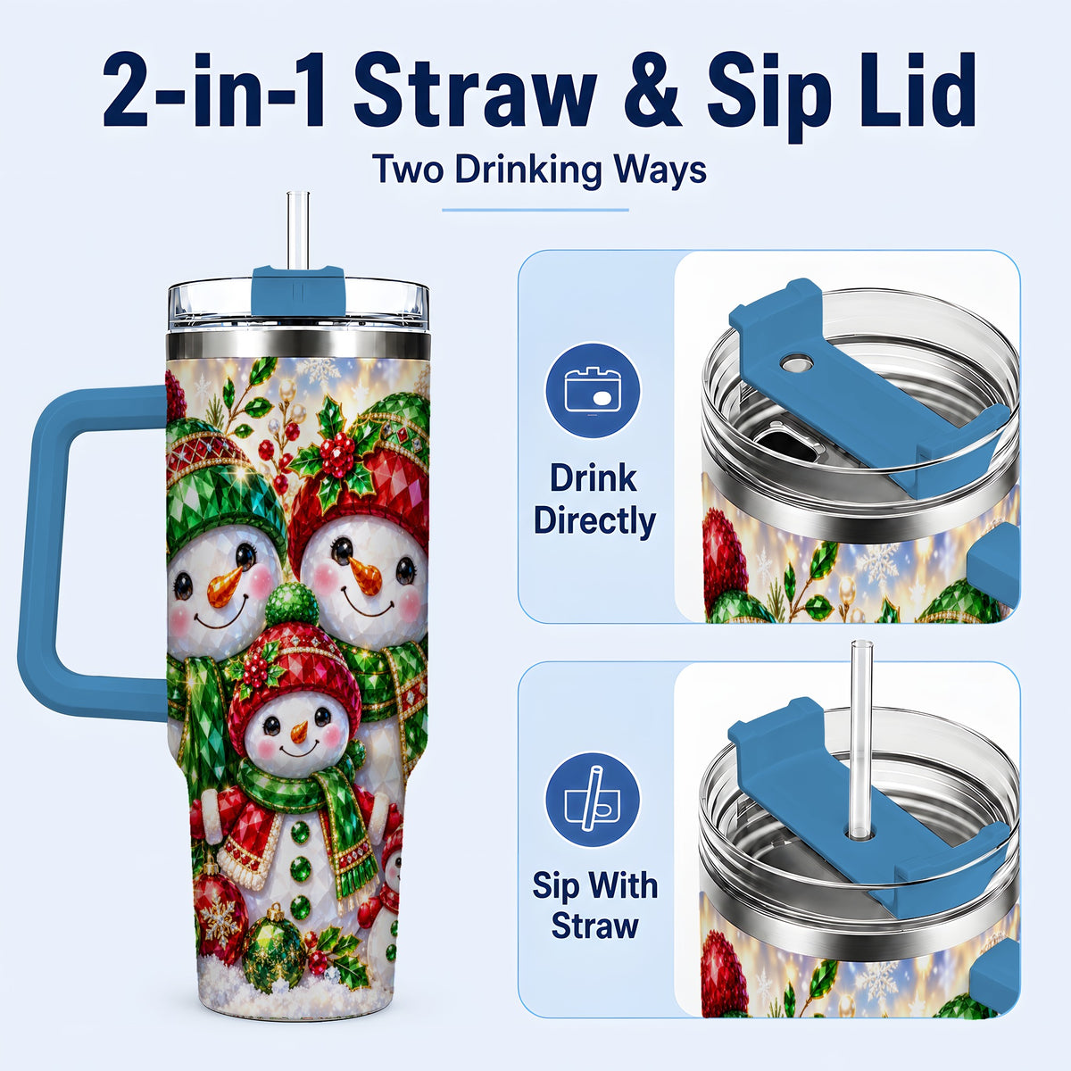 #pl[40oz|Blue] Jeweled Snowman Family 40oz Tumbler with Handle, Christmas Travel Cup