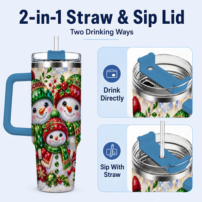 #pl[40oz|Blue] Jeweled Snowman Family 40oz Tumbler with Handle, Christmas Travel Cup