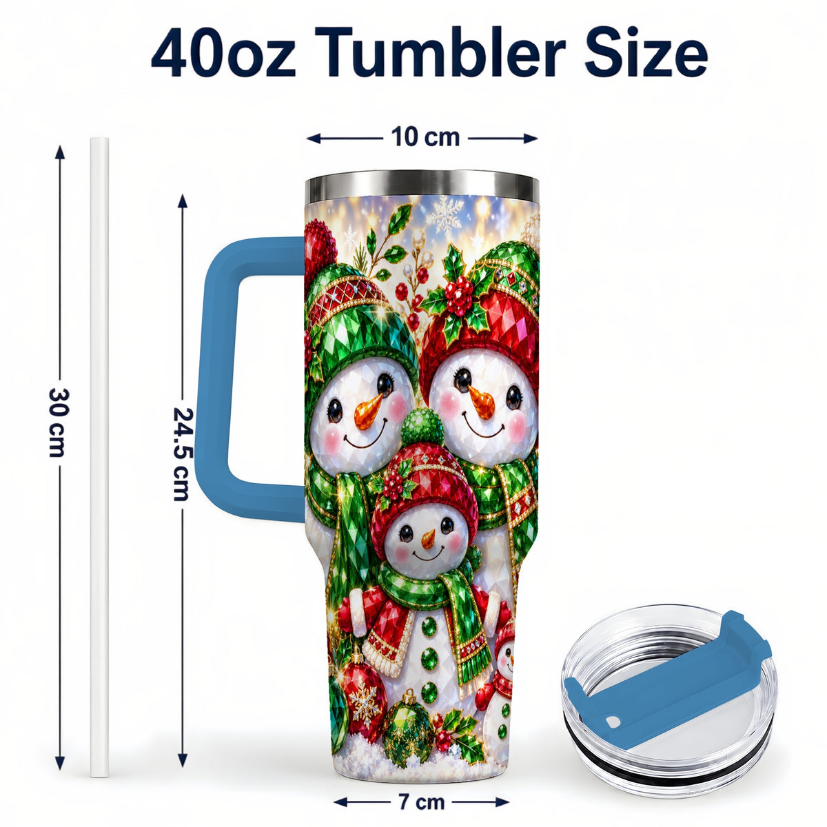 #pl[40oz|Blue] Jeweled Snowman Family 40oz Tumbler with Handle, Christmas Travel Cup
