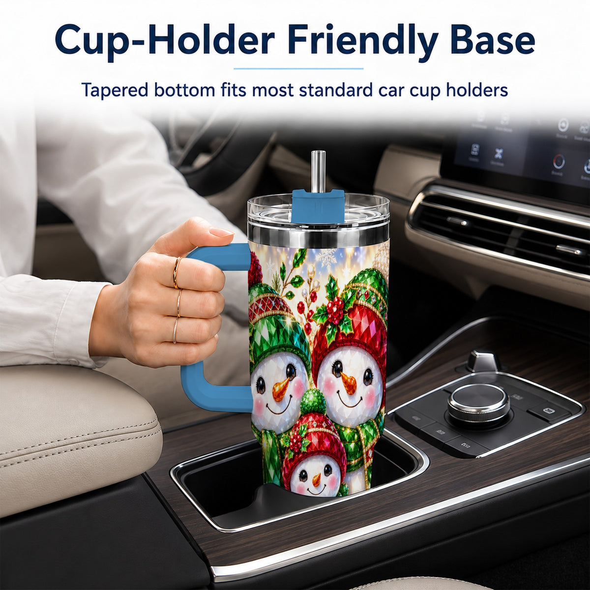 #pl[40oz|Blue] Jeweled Snowman Family 40oz Tumbler with Handle, Christmas Travel Cup