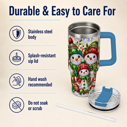 #pl[40oz|Blue] Jeweled Snowman Family 40oz Tumbler with Handle, Christmas Travel Cup