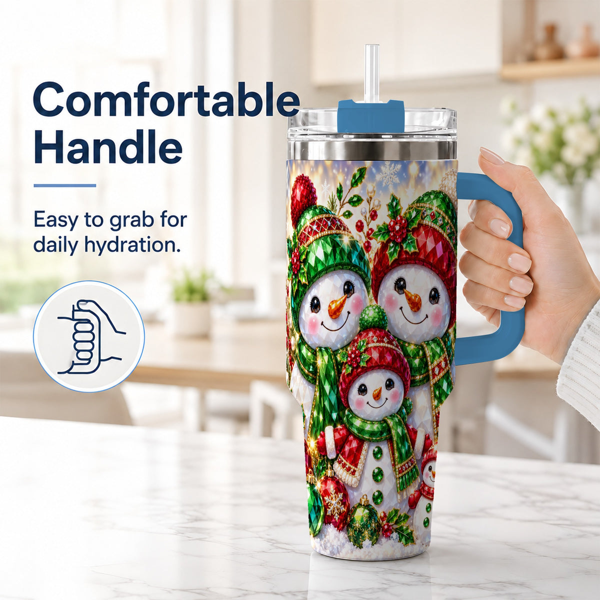 #pl[40oz|Blue] Jeweled Snowman Family 40oz Tumbler with Handle, Christmas Travel Cup