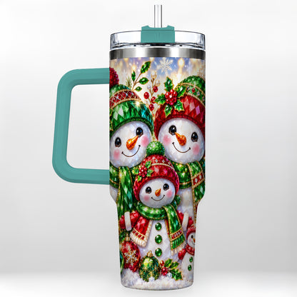 #pl[40oz|Green] Jeweled Snowman Family 40oz Tumbler with Handle, Christmas Travel Cup
