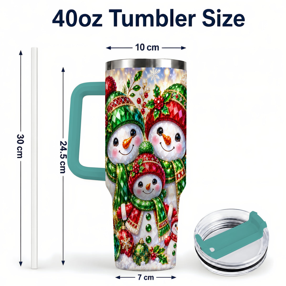 #pl[40oz|Green] Jeweled Snowman Family 40oz Tumbler with Handle, Christmas Travel Cup