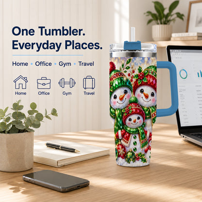 #pl[40oz|Blue] Jeweled Snowman Family 40oz Tumbler with Handle, Christmas Travel Cup