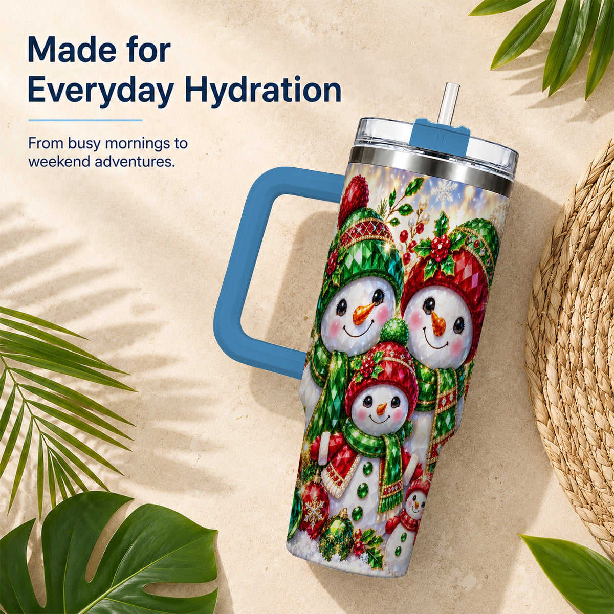 #pl[40oz|Blue] Jeweled Snowman Family 40oz Tumbler with Handle, Christmas Travel Cup