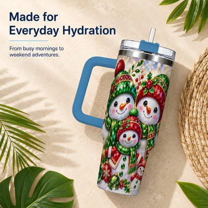 #pl[40oz|Blue] Jeweled Snowman Family 40oz Tumbler with Handle, Christmas Travel Cup