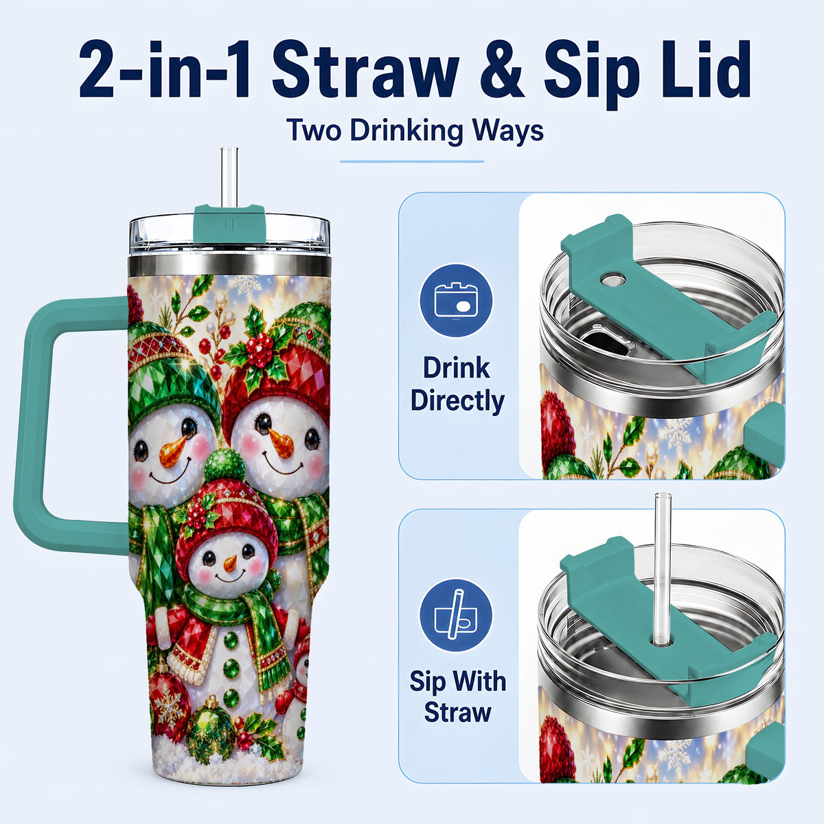#pl[40oz|Green] Jeweled Snowman Family 40oz Tumbler with Handle, Christmas Travel Cup