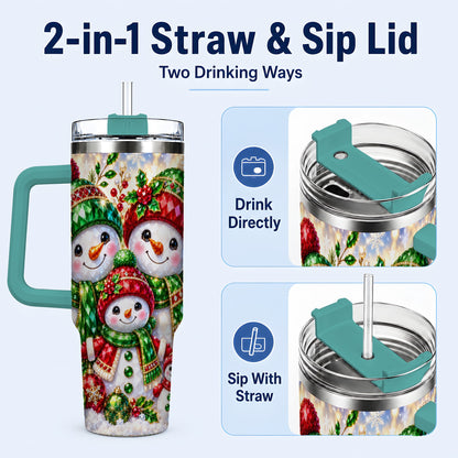 #pl[40oz|Green] Jeweled Snowman Family 40oz Tumbler with Handle, Christmas Travel Cup