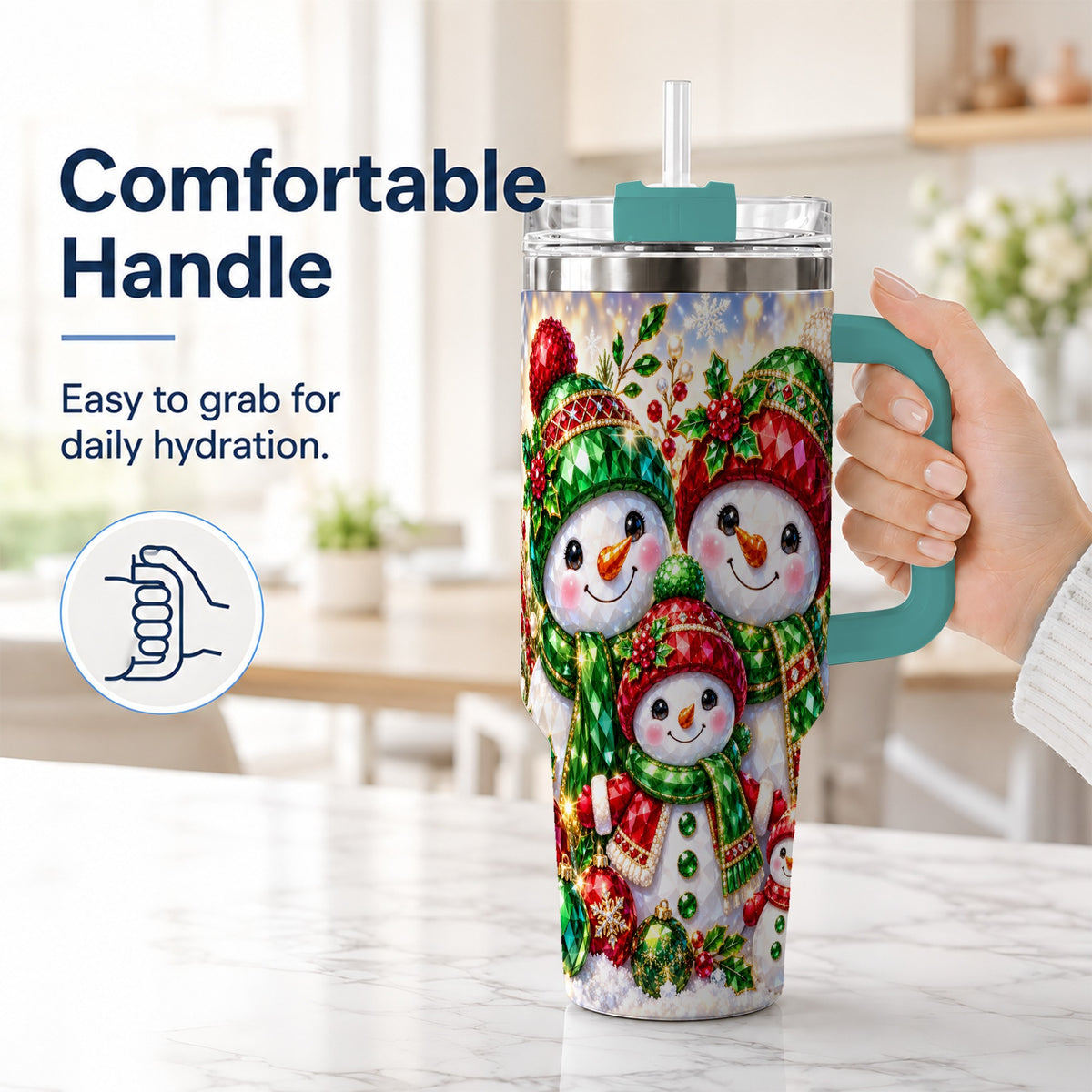 #pl[40oz|Green] Jeweled Snowman Family 40oz Tumbler with Handle, Christmas Travel Cup