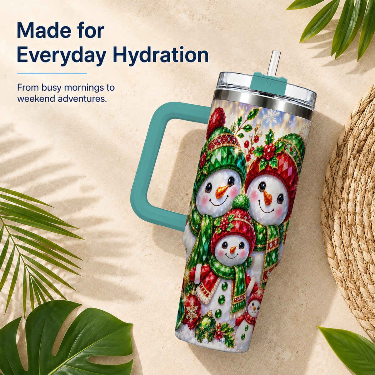 #pl[40oz|Green] Jeweled Snowman Family 40oz Tumbler with Handle, Christmas Travel Cup