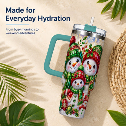 #pl[40oz|Green] Jeweled Snowman Family 40oz Tumbler with Handle, Christmas Travel Cup