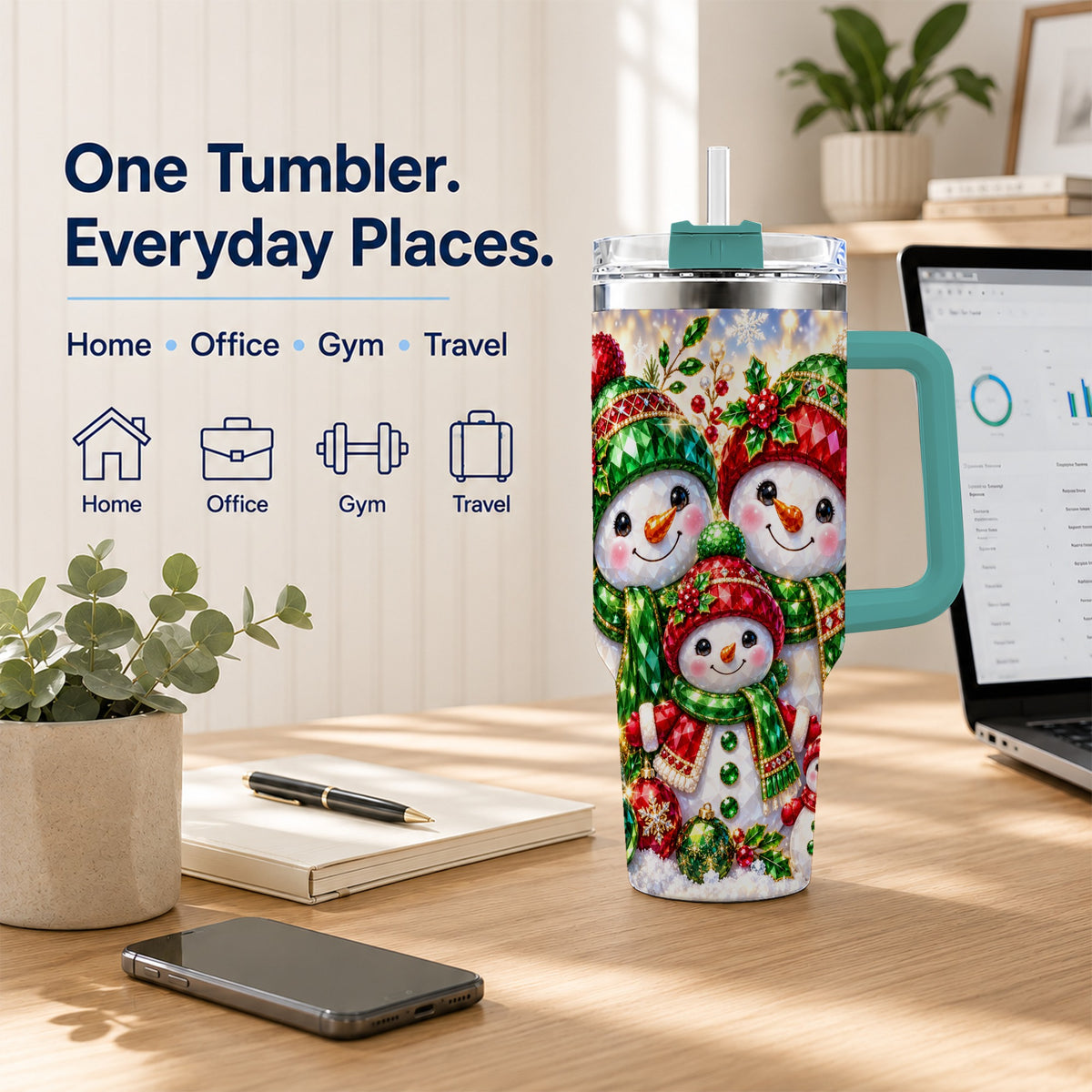 #pl[40oz|Green] Jeweled Snowman Family 40oz Tumbler with Handle, Christmas Travel Cup