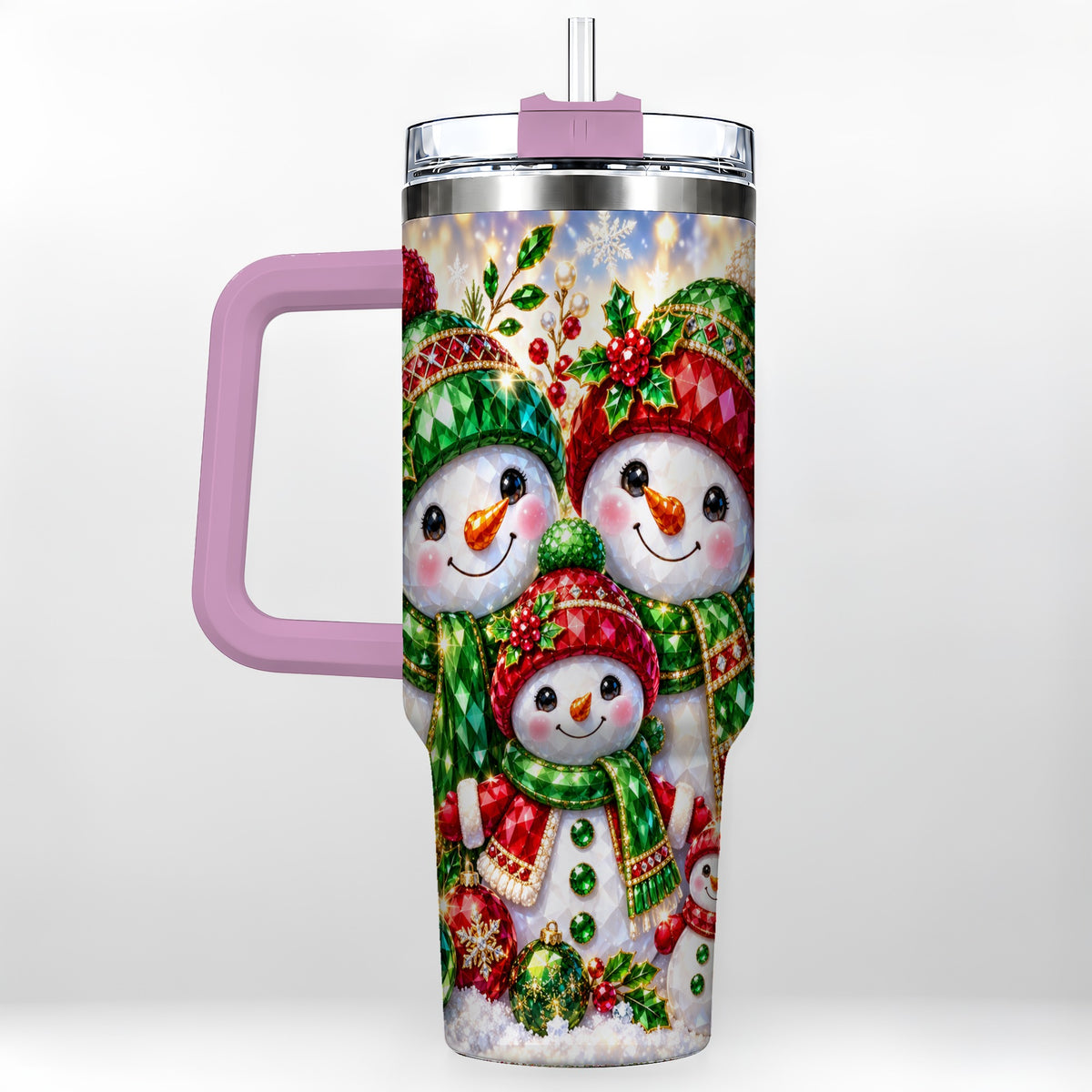 #pl[40oz|Pink] Jeweled Snowman Family 40oz Tumbler with Handle, Christmas Travel Cup