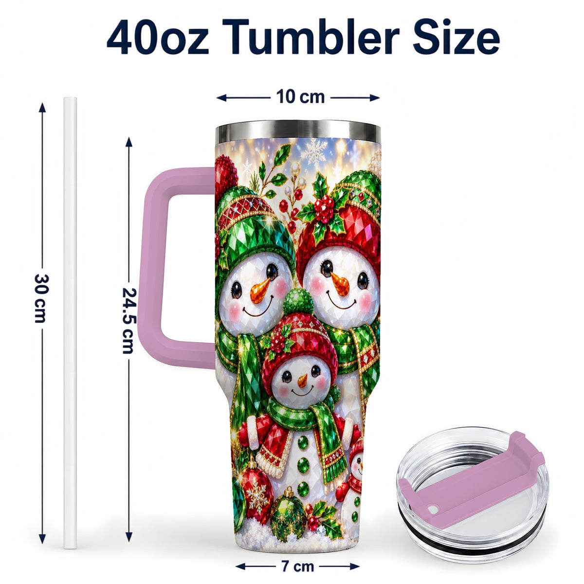 #pl[40oz|Pink] Jeweled Snowman Family 40oz Tumbler with Handle, Christmas Travel Cup