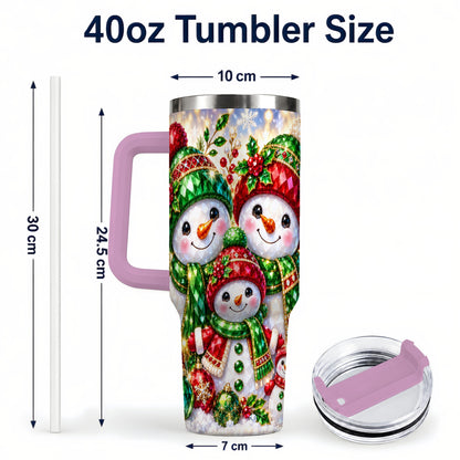 #pl[40oz|Pink] Jeweled Snowman Family 40oz Tumbler with Handle, Christmas Travel Cup