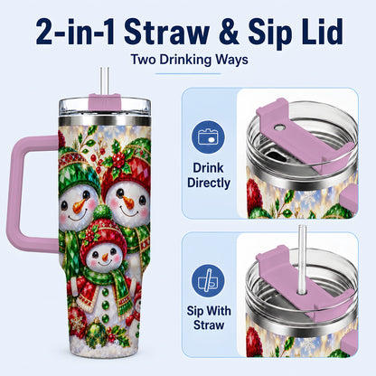 #pl[40oz|Pink] Jeweled Snowman Family 40oz Tumbler with Handle, Christmas Travel Cup
