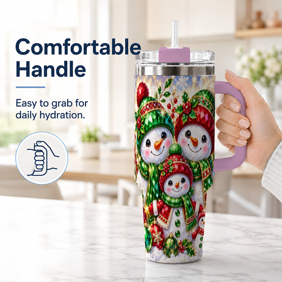 #pl[40oz|Pink] Jeweled Snowman Family 40oz Tumbler with Handle, Christmas Travel Cup
