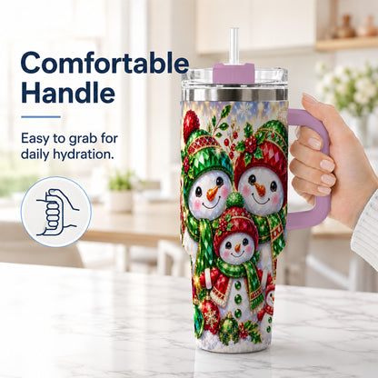#pl[40oz|Pink] Jeweled Snowman Family 40oz Tumbler with Handle, Christmas Travel Cup