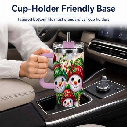 #pl[40oz|Pink] Jeweled Snowman Family 40oz Tumbler with Handle, Christmas Travel Cup