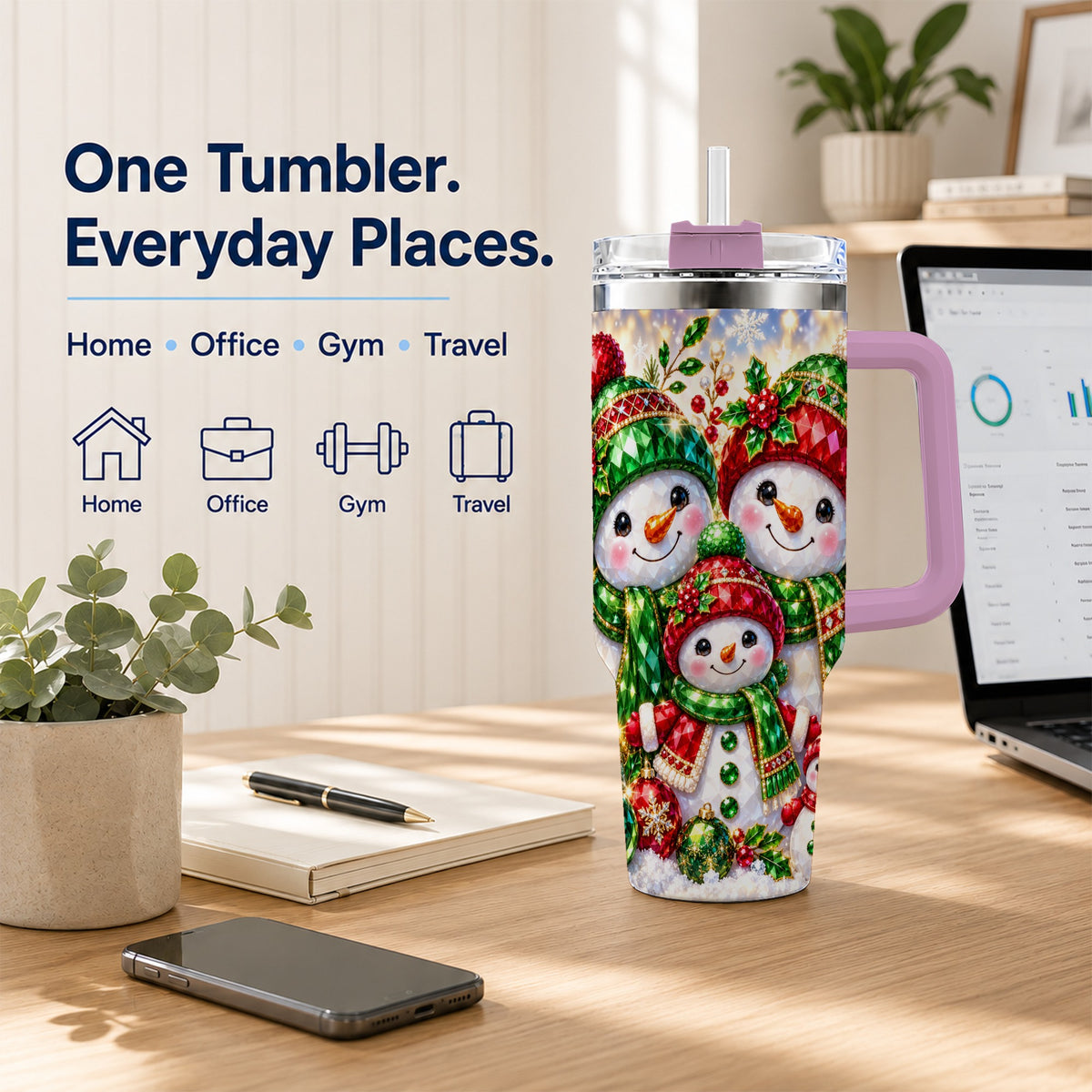 #pl[40oz|Pink] Jeweled Snowman Family 40oz Tumbler with Handle, Christmas Travel Cup